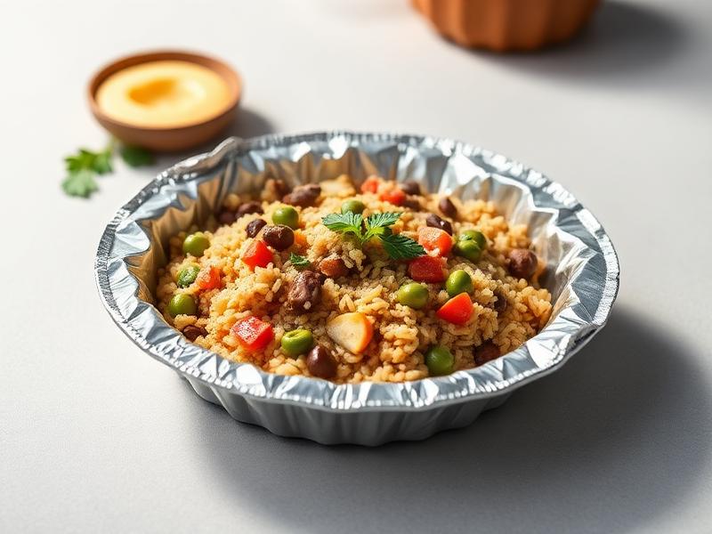 Foil takeout container with vegetable fried rice (peas, corn, carrots, beans) topped with parsley garnish
