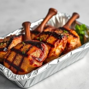 Grilled chicken drumsticks with glaze and grill marks in a disposable foil tray
