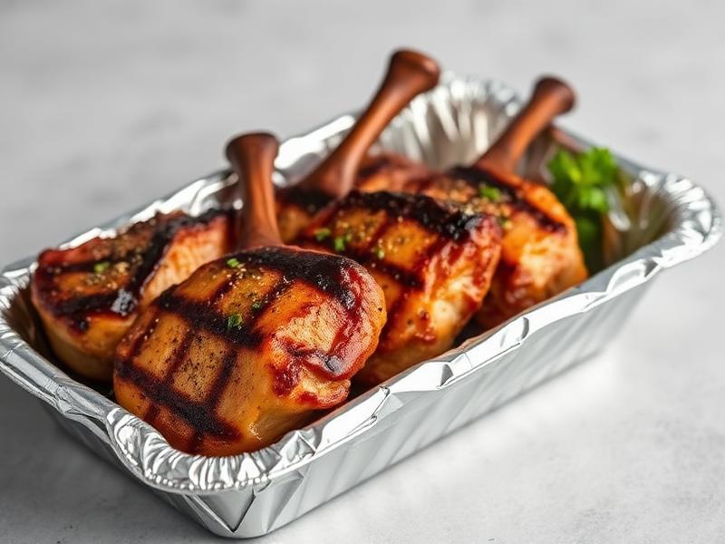 Grilled chicken drumsticks with glaze and grill marks in a disposable foil tray