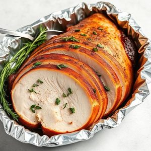 Herb-roasted turkey breast sliced and arranged in a foil pan with sprigs of rosemary for garnish
