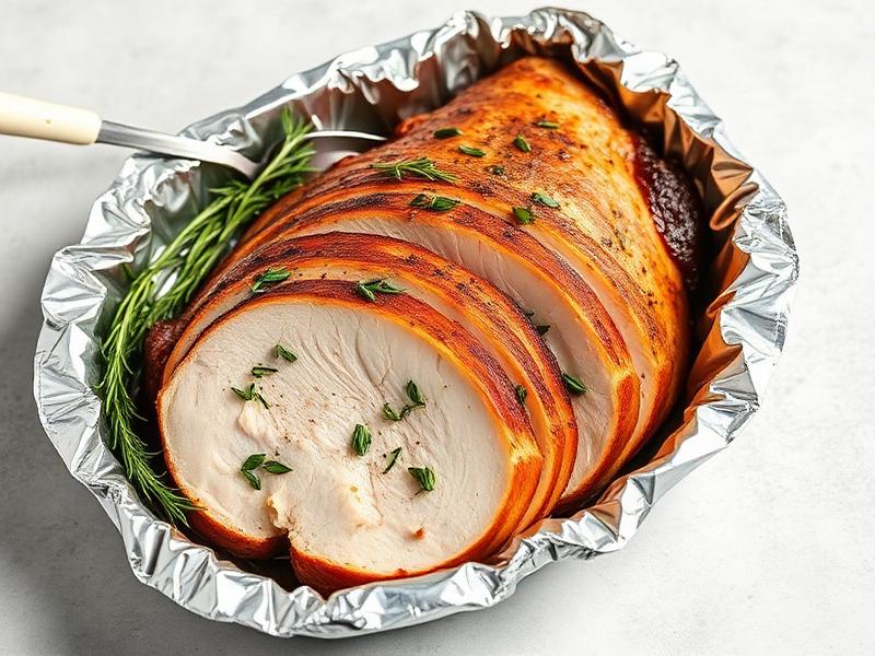 Herb-roasted turkey breast sliced and arranged in a foil pan with sprigs of rosemary for garnish