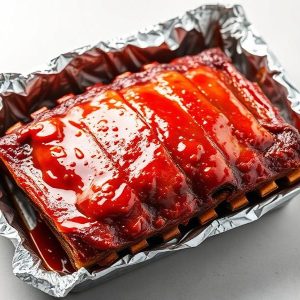 Rack of pork/pork ribs slathered in sticky barbecue sauce in a disposable foil pan.