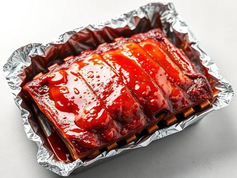 Rack of pork/pork ribs slathered in sticky barbecue sauce in a disposable foil pan.