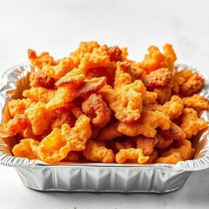Crispy orange chicken bites in a disposable aluminum tray.
