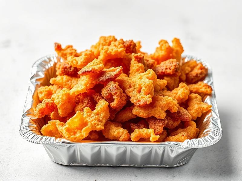Crispy orange chicken bites in a disposable aluminum tray.