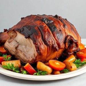 Roasted whole meat on a white platter surrounded by potatoes, carrots, and parsley