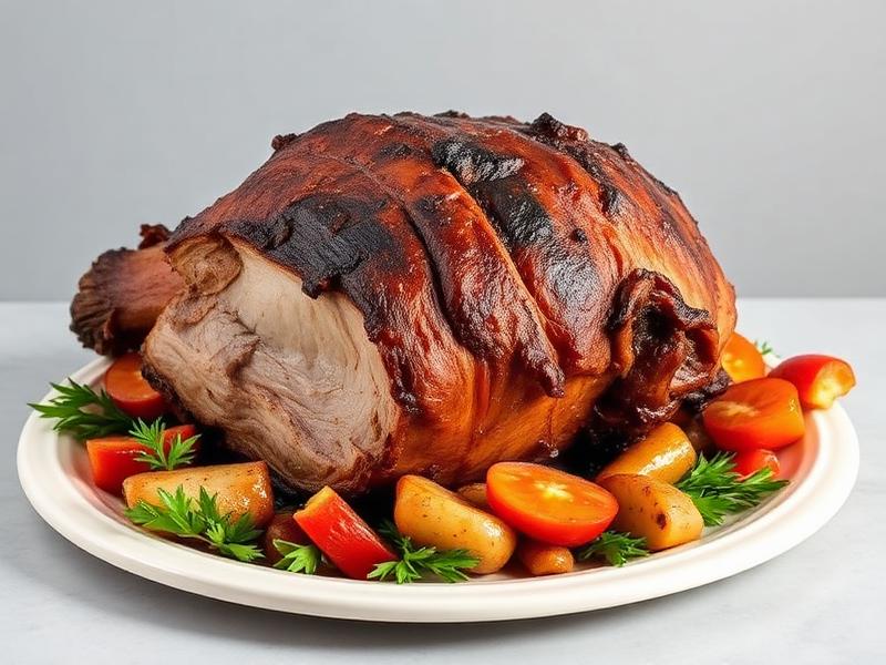 Roasted whole meat on a white platter surrounded by potatoes, carrots, and parsley