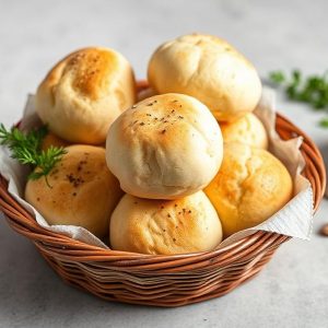 Basket of warm dinner rolls on parchment in a woven basket, with a sprig of greenery beside them.