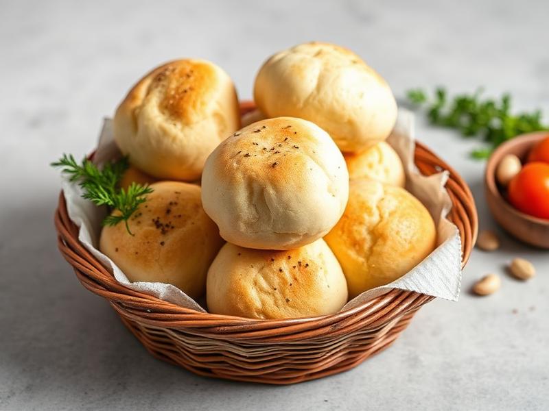 Basket of warm dinner rolls on parchment in a woven basket, with a sprig of greenery beside them.
