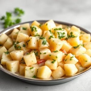 Bowl of potato salad with cubed potatoes, parsley, and a light dressing.