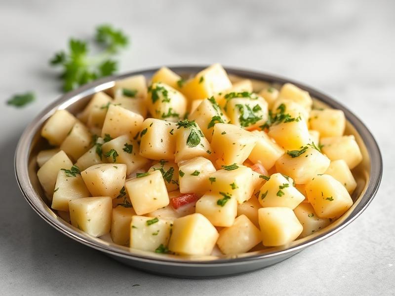Bowl of potato salad with cubed potatoes, parsley, and a light dressing.