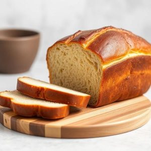 Loaf of brioche bread with a golden crust on a wooden cutting board, sliced pieces ready to eat.