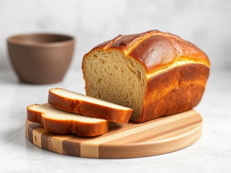 Loaf of brioche bread with a golden crust on a wooden cutting board, sliced pieces ready to eat.