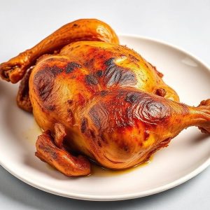 Whole roasted chicken with crispy, golden-brown skin on a white plate, ready to serve.