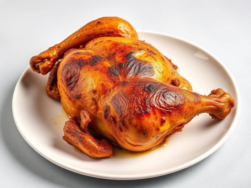 Whole roasted chicken with crispy, golden-brown skin on a white plate, ready to serve.