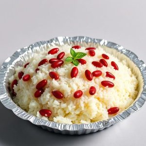 Steamed white rice with red beans garnished with a mint leaf, served in a crinkled aluminum dish.
