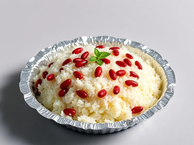 Steamed white rice with red beans garnished with a mint leaf, served in a crinkled aluminum dish.