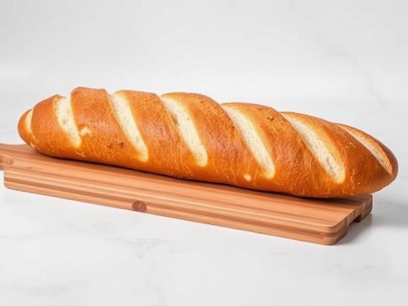 Golden-brown baguette with diagonal slashes resting on a wooden cutting board
