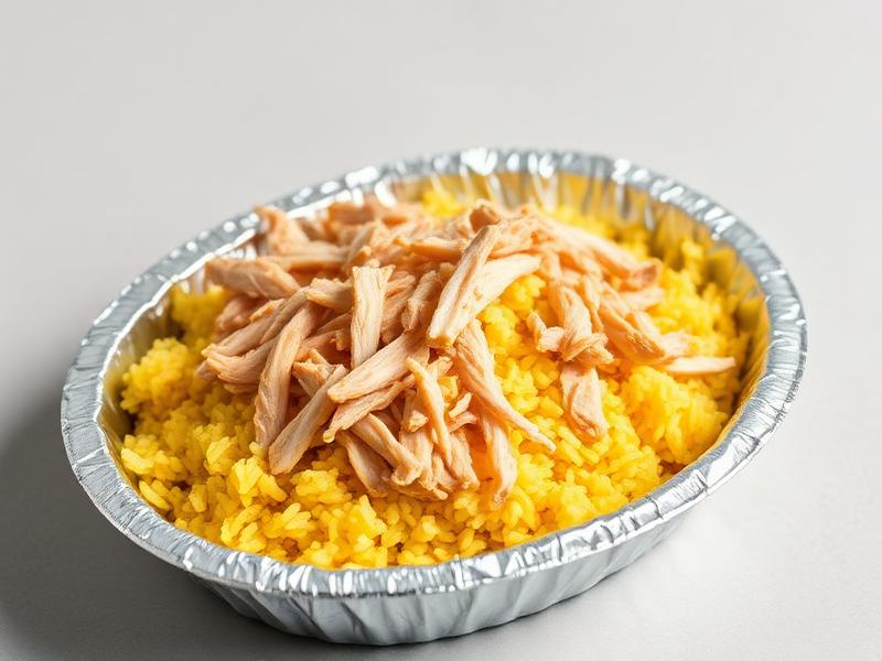 Foil takeout container filled with saffron-yellow rice topped with shredded chicken pieces in the center.