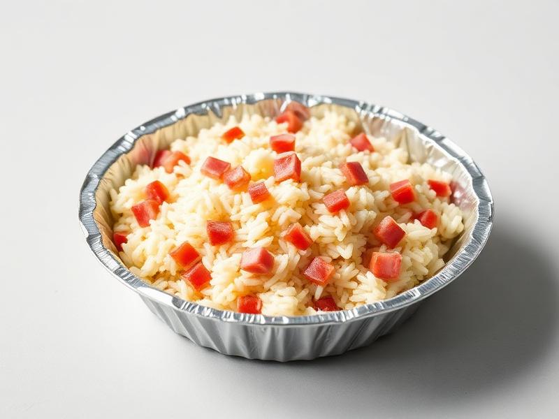 Aluminum pan filled with white rice studded with small red bell pepper cubes, a simple side dish image.