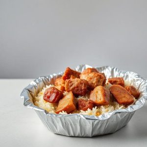 Foil takeout cup with white rice topped by glazed pork chunks.