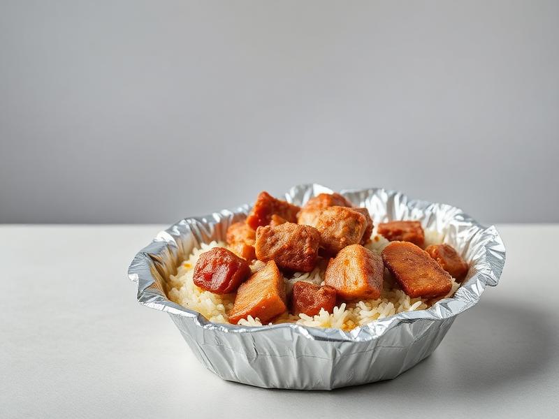 Foil takeout cup with white rice topped by glazed pork chunks.