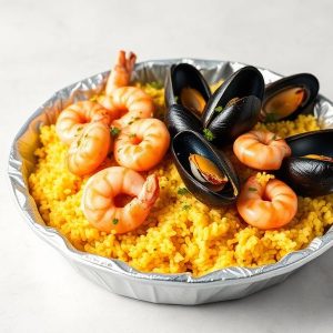 Aluminum pan of paella with saffron-yellow rice, shrimp, and mussels. (informative)