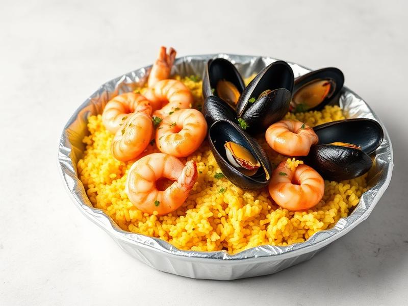 Aluminum pan of paella with saffron-yellow rice, shrimp, and mussels. (informative)