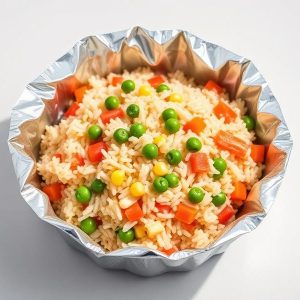 Rice with peas, corn, and diced carrots in a crinkled aluminum foil container.