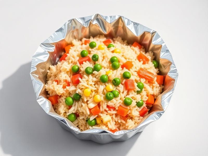 Rice with peas, corn, and diced carrots in a crinkled aluminum foil container.