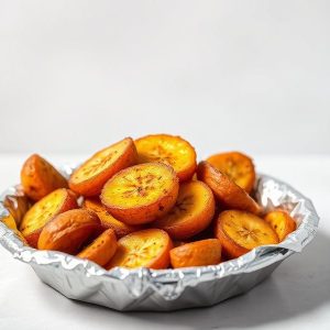 Candied orange slices in a foil-lined baking dish on a white surface.