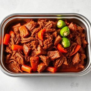 Beef stew with carrots in a metal tray, garnished with green peppers on top.