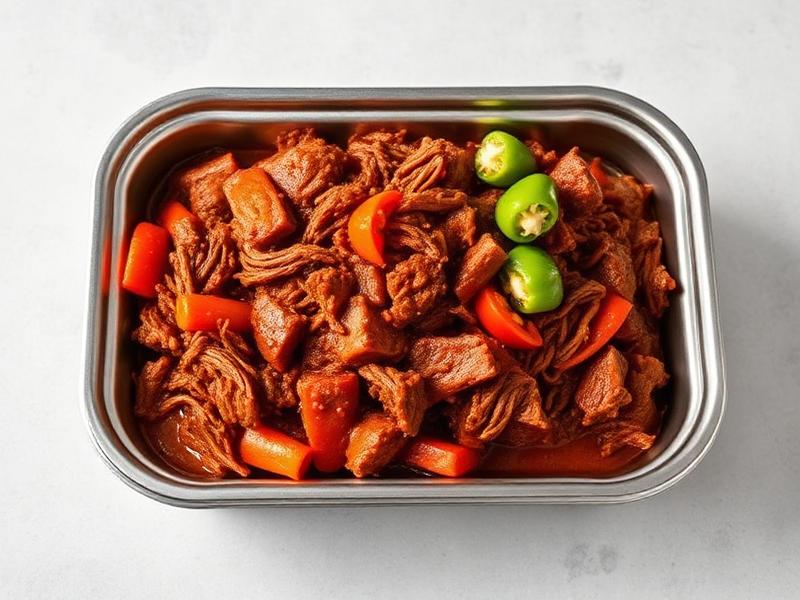 Beef stew with carrots in a metal tray, garnished with green peppers on top.