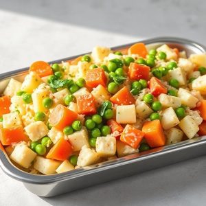 Tray of cubed carrots, potatoes, and green peas in a metal dish, ready to serve as a vegetable medley.