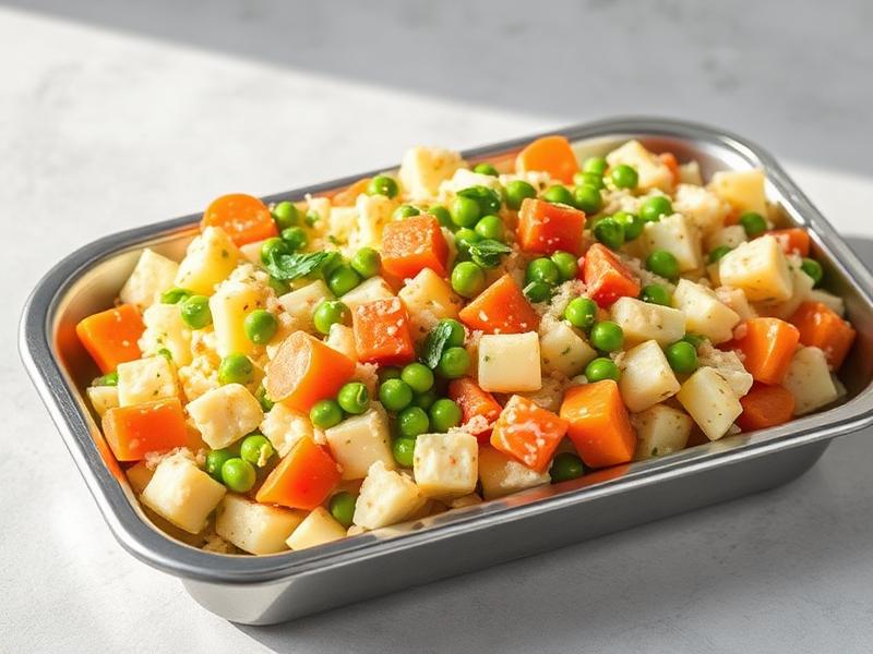 Tray of cubed carrots, potatoes, and green peas in a metal dish, ready to serve as a vegetable medley.