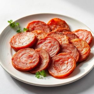 Sliced sausage rounds arranged on a white plate with small parsley sprigs for garnish