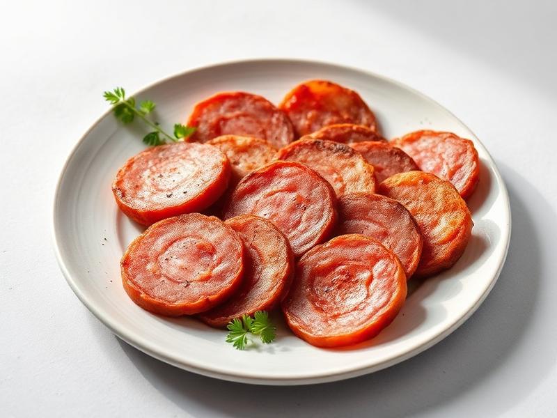 Sliced sausage rounds arranged on a white plate with small parsley sprigs for garnish