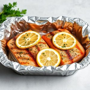 Salmon fillets baked in a foil tray topped with lemon slices and herbs