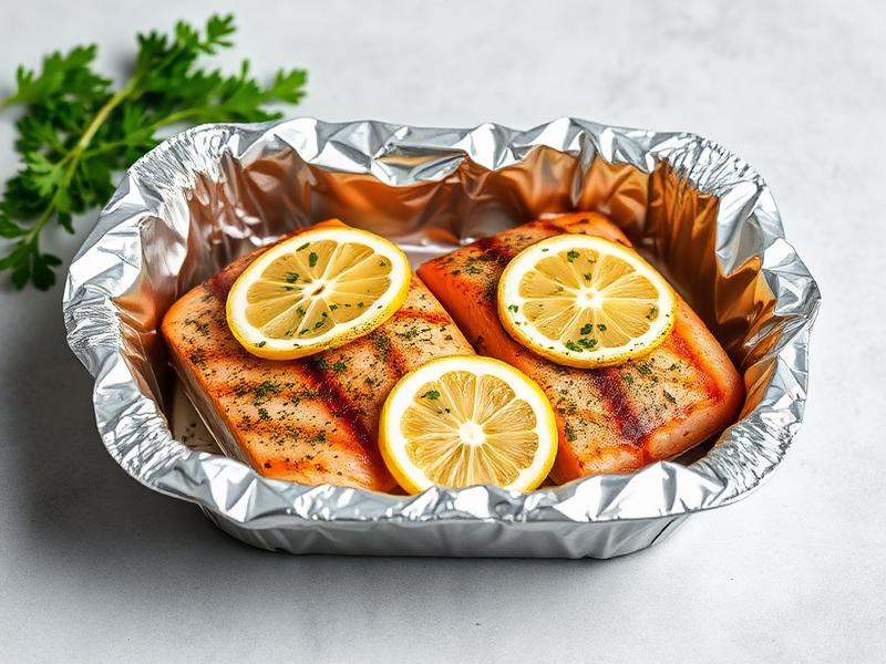 Salmon fillets baked in a foil tray topped with lemon slices and herbs