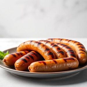 Plate of grilled sausages with distinct grill marks and a parsley garnish on a light surface.