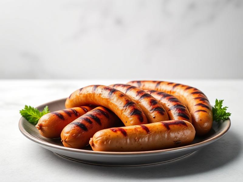 Plate of grilled sausages with distinct grill marks and a parsley garnish on a light surface.