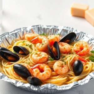 Seafood pasta in a foil container with shrimp, mussels, and parsley.