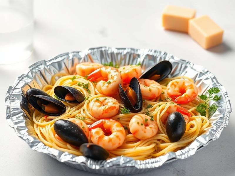 Seafood pasta in a foil container with shrimp, mussels, and parsley.