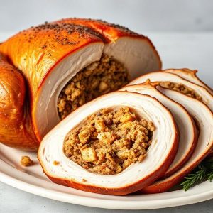 Roast turkey roulade stuffed with breadcrumb filling, sliced on a white plate with herbs nearby.
