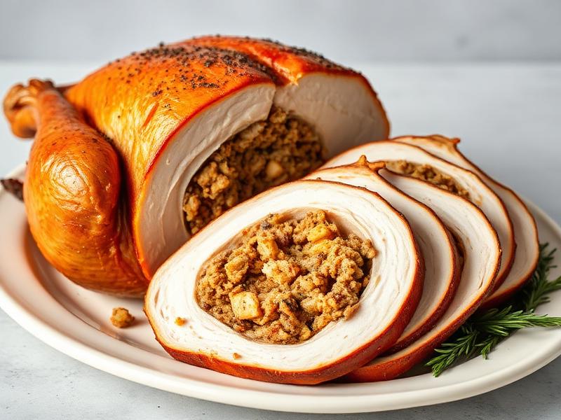 Roast turkey roulade stuffed with breadcrumb filling, sliced on a white plate with herbs nearby.