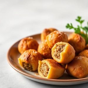 Plate of bite-sized fried meat-filled pastries on a beige plate with a parsley sprig in the background, some halves showing the filling, crispy and golden brown.