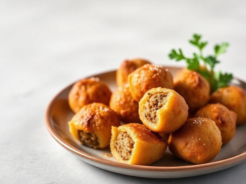 Plate of bite-sized fried meat-filled pastries on a beige plate with a parsley sprig in the background, some halves showing the filling, crispy and golden brown.