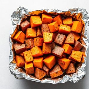 Cubed roasted sweet potatoes in a foil-lined pan. Better with a light seasoning visible on some pieces.