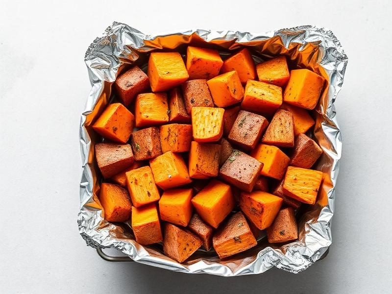 Cubed roasted sweet potatoes in a foil-lined pan. Better with a light seasoning visible on some pieces.