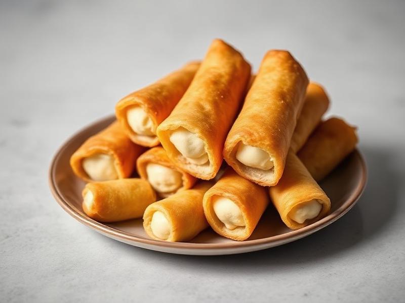 Plate of fried mozzarella sticks with melted cheese centers on a pink dish nearby a light grey surface